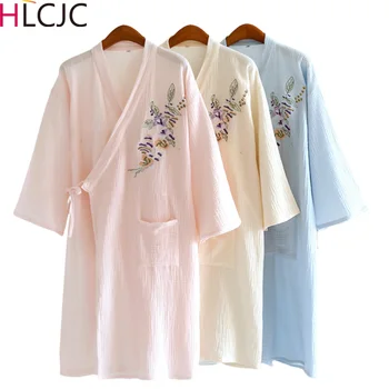 2023 Čínsky Štýl, Vyšívané Pyžamo Oblečenie Pre Voľný Čas Bavlna Kimono Dlhé Letné Nové Sleepwear Ženy Rúcha Pyžamo Krepové Nightgowns