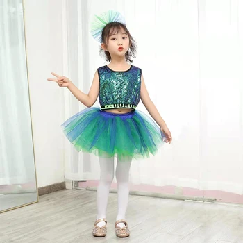 Detské latinskej tanečných kostýmov, pompézne perlinkové tkaniny sukne sequin dievča balet tanečné predstavenie kostým