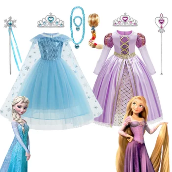 Disney Elsa Dlhé Vlasy Princezná Šaty pre Dievčatá Biela Sequined Oka Loptu Party Šaty, Karneval, Deti Cosplay Snehová Kráľovná Kostým, Oblek
