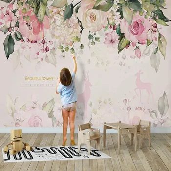 Foto Tapety 3D Stereo Ružové Kvety nástenné Maľby Cartoon Deti Dievča Spálňa, Papier Pozadí Steny Obývacia Izba Moderný Jednoduchý Dekor
