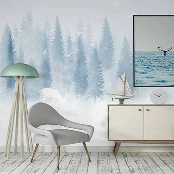 Foto Tapety Nordic Ručne maľované Snového Snehu Cartoon Lesa Elk nástenná maľba Obývacia Izba TV joj Domova Steny Pokrýva