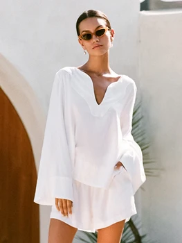 Hiloc Biela tvaru Sleepwear Žien Bavlna Long Sleeve Domov Nosiť Módne Plavky Ženy Krátke Sety 2023 Letné Pyžamo Nastaviť