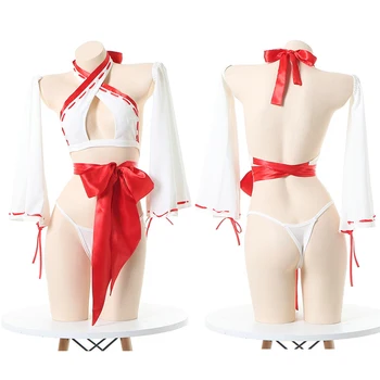 Japonské Anime Miko Cosplay Kimono Bielizeň, Sexy Ženy, Ohlávka Criss Cross Červené Bikiny Boknot Obväz Sleepwear Kvapka Loď