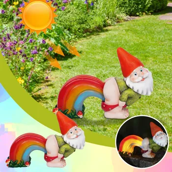 Kreatívne Záhradný trpaslík Socha, Terasa, Ornament Zábavné Poopin Trpaslík Gnome Socha Figúrka s Rainbow Solárne LED Osvetlenie Záhrady Dekor