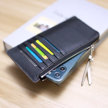 Nový multi-card dlho peňaženky jednoduché ultra-tenké cowhide mobilný telefón taška mužov a žien na zips, peňaženky, kabelky tide