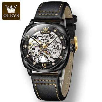 OLEVS 6651 Módne Originálny Kožený Remienok Hodiniek Pre Mužov, Nepremokavé Automatické Mechanické Duté-vyrezávané Mužov náramkové hodinky Svetelný