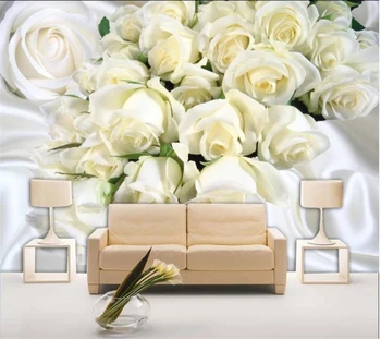 Prispôsobiť tapetu Módne žiarivo biely hodváb rose Luxusná obývacia izba gauč TV papier Pozadí steny domova kvet nástenná maľba