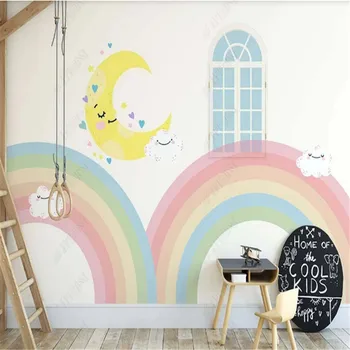 Ručne kreslené Tapety pre Dieťa Izba Cartoon Romantický Rainbow Okna detskej Izby Papier Pozadí Steny Domova nástenná maľba
