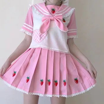 Ružová Klasické Kawaii Roztomilý Lolita Jednotné Jk Šaty Set-Top S Sukne Jahoda Študent Školy Dievčatá Anime Harajuku