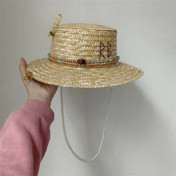 Samostatne vytvorený nový slamený klobúk punk štýl pearl reťazca DIY jazz klobúk slnko klobúk nový kórejský list pláž hat klobúk mužov a žien punk klobúk