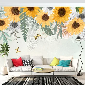 Slnečnica kvet，Kvety a motýle，Vlastné 3D nástenná maľba detské tapety, samolepiace tapety, obývacia izba, spálňa, tak