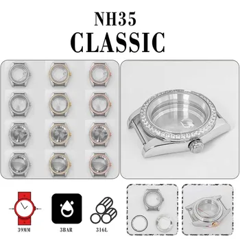 Transparentné Sapphire Sledovať Shell 39 mm Sledovať Prípade Vhodná pre NH35 NH36 Pohyb Diamond Pevné Oceľové Náramkové hodinky Prípade