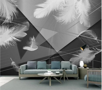 Vlastné tapetu 3d moderná čierna a biela šedá jednoduché geometrické biele pierko pozadí stene obývacej izby, dekorácie, maliarstvo,