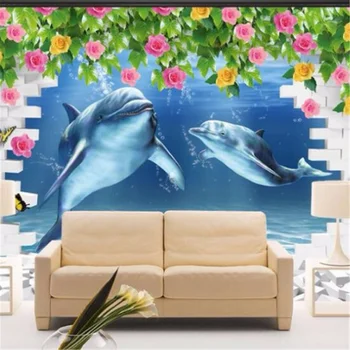 wellyu Prispôsobené veľké nástenné dolphin matku a dieťa lásky tvorivé troch-dimenzionální rose 3D pozadia na stenu papier