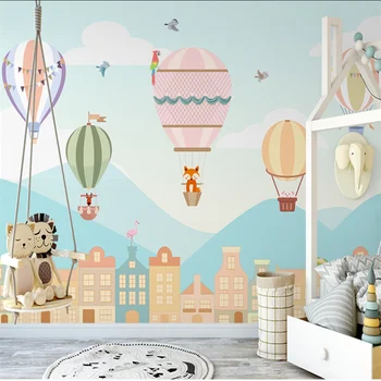 wellyu Vlastné nástenné ručne maľované Nordic štýl dediny teplovzdušný balón detí pozadie miestnosti, spálne, pozadie, wallpaper